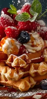 A stack of waffles topped with berries and cream dusted with sugar.