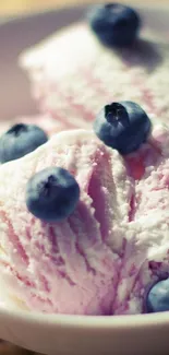 Scoops of blueberry ice cream with fresh blueberries.