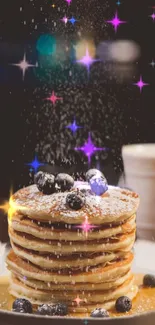 Stack of blueberry pancakes with syrup and sugar on dark background.