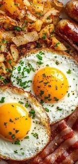 A vibrant breakfast with eggs, bacon, sausage, and potatoes.