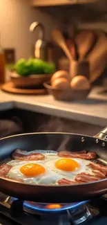 Frying pan with bacon and eggs on stove in cozy kitchen.