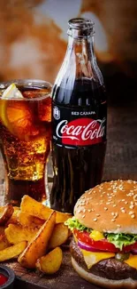 Coke bottle beside cheeseburger and fries.