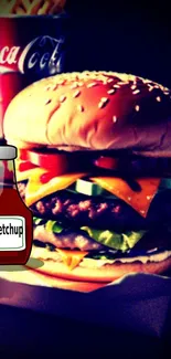 Close-up of a loaded beef burger with a soda cup.