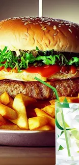 Large burger, fries, and lime drink on a plate