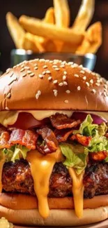Juicy burger with cheese and fries
