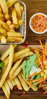 Burger and fries with a delivery app on phone screen.