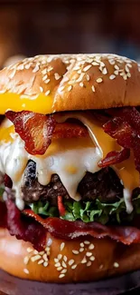Mouth-watering cheeseburger with bacon and sesame bun on wooden table.