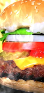 Close-up of a delicious, vibrant burger with cheese and fresh ingredients.