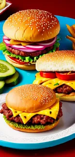 Juicy cheeseburgers with fries and pickles on a vibrant plate.