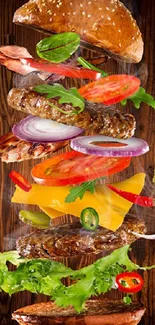 Deconstructed burger with fresh toppings floating.