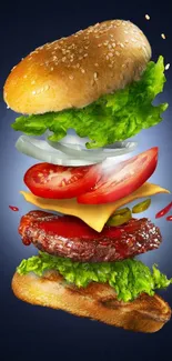 A colorful stacked burger on a dark blue background.