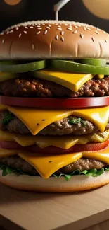 Colorful burger stacked with cheese and toppings on a wooden board.