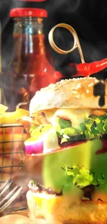 Close-up of a delicious burger with fries and condiments