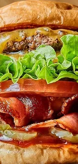 Juicy cheeseburger with bacon and lettuce on a wooden background.