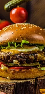 Juicy cheeseburger with lettuce and tomato on a wooden table.