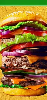 Stacked gourmet burger with layers of fresh toppings.