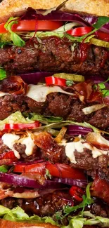 Close-up of a tall, stacked burger with fresh ingredients.