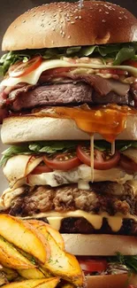 Towering burger with potato wedges on a stylish phone wallpaper.