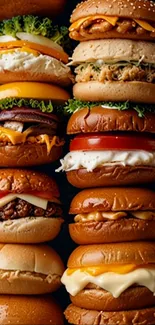A colorful stack of various delicious burgers.