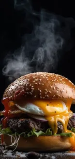 Juicy gourmet burger with cheese and lettuce on a dark background.