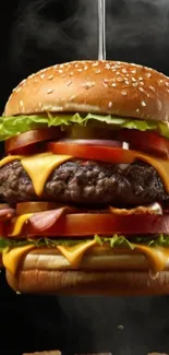 Stacked burger with cheese, lettuce, and tomatoes on a dark background.