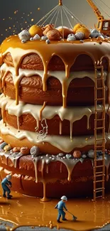 Whimsical wallpaper of a cake under construction by tiny workers.
