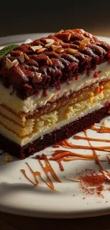 Layered cake dessert with cream and chocolate, garnished with almonds.