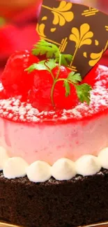 Delicious cake with berries and chocolate on red backdrop.