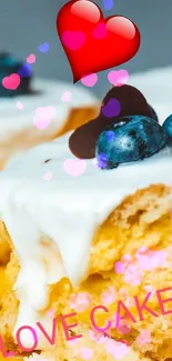 Delicious cakes with blueberry topping and white icing on a stand.