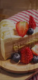 Creamy cake with strawberries and blueberries on a wooden board.