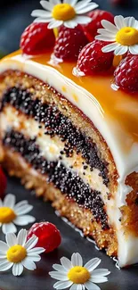 A slice of cake topped with berries and flowers.