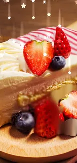 Slice of cake with strawberries and blueberries on a wooden board.