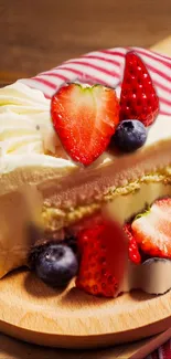 Slice of cake with strawberries and blueberries on a wooden board.