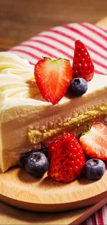 A slice of creamy cake with strawberries and blueberries on a wooden platter.