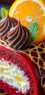 Red velvet cake with chocolate swirls and an orange slice.