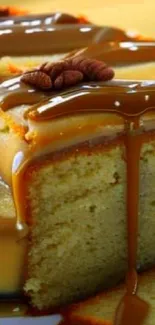 Caramel cake with a rich glaze and a slice served on a white plate.