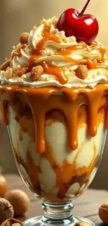 A delicious caramel sundae with a cherry on top in a glass cup.