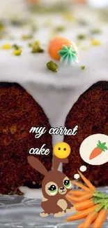 Carrot cake with frosting and small carrot decorations on glass stand.