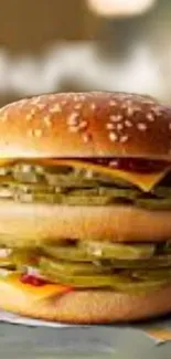 Close-up view of a delicious cheeseburger with cheese and pickles.