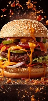 A juicy cheeseburger with bacon and toppings against a dark background.