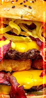 Close-up of a cheeseburger with bacon and cheese in vibrant colors.