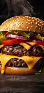 Juicy cheeseburger with sesame bun, melted cheese, and fresh vegetables.