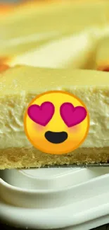 A creamy cheesecake slice with a heart emoji on a white plate.