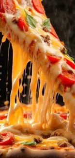 Close-up of a cheesy pizza slice with melting toppings.