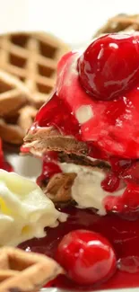 Close-up of cherry syrup waffles with cream.