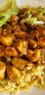 Close-up of a chicken and rice dish with broccoli.