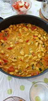 A vibrant pot of chicken curry with vegetables in a black pan on a table.