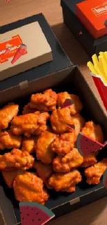 Boxes of spicy chicken wings with fries on a wooden table.