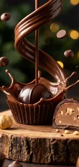 Artistic chocolate swirl with hazelnuts on a wooden slab.