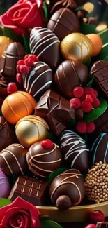 Assorted gourmet chocolates with roses.
